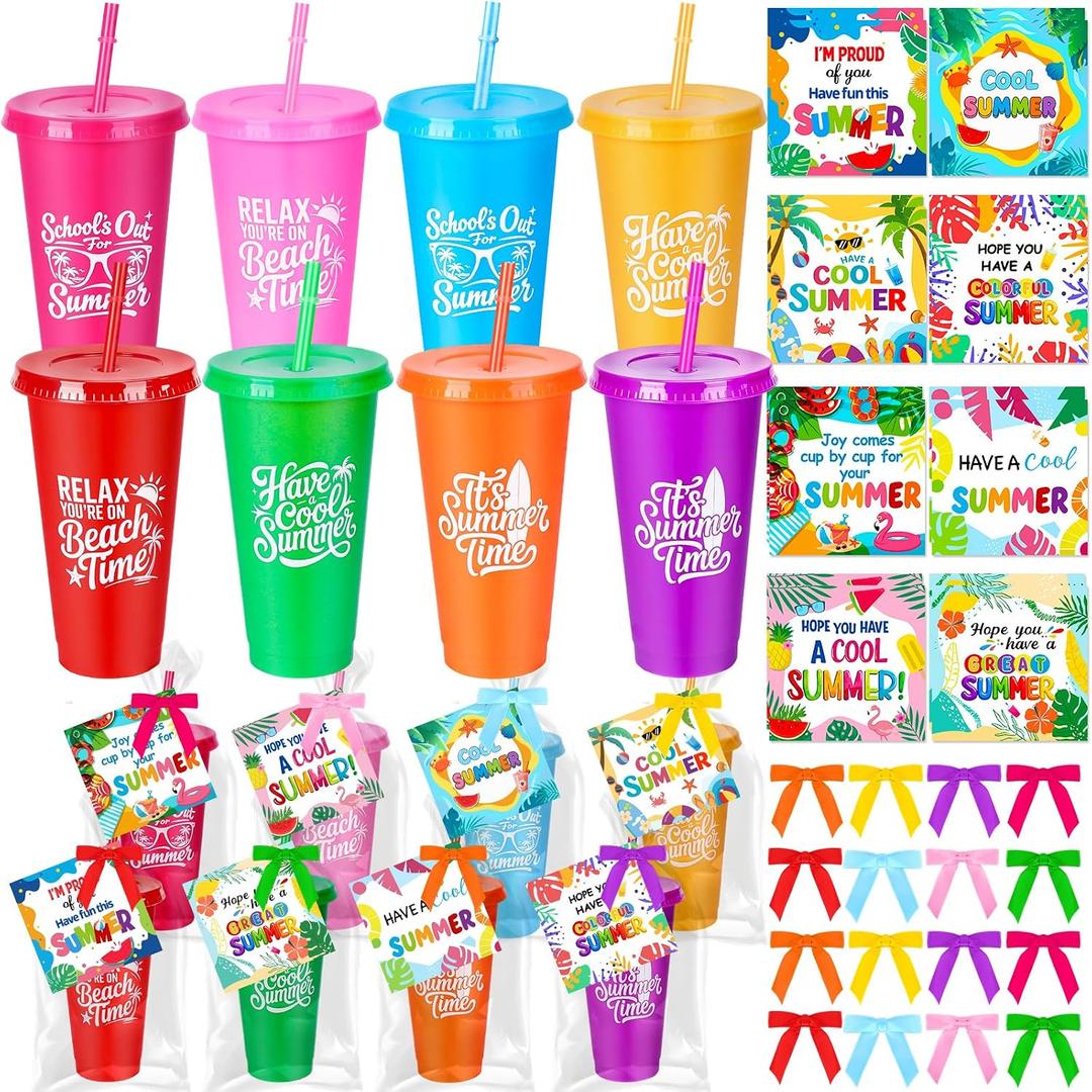 24 Sets End of the Year Gifts for Students - 24oz Summer Plastic Tumblers with Lids and Straws Bulk with Greeting Cards & Ribbons for Graduation, School Class Prizes, Beach Pool Party Favors