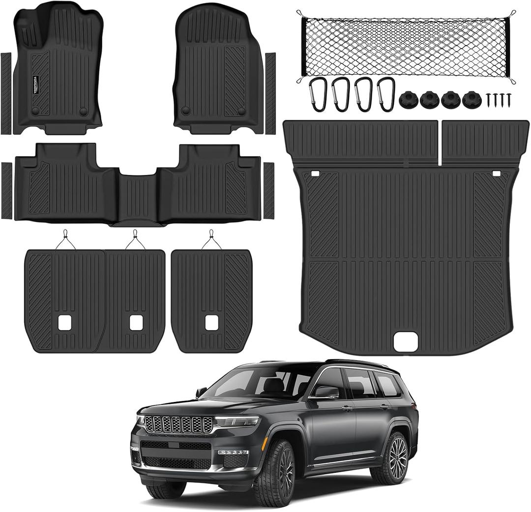 Floor Mat Set for 2016-2021 Jeep Grand Cherokee(Not for L) | All Weather TPE Trunk Mat & Backrest Mats & Cargo Net & Door Sill Guards for Jeep Grand Cherokee Accessories