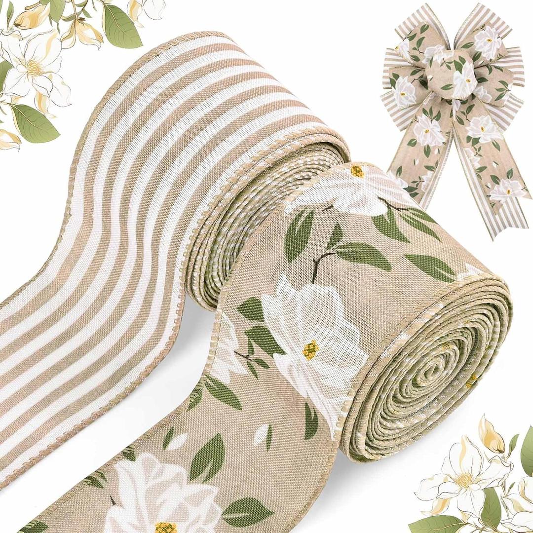 2 Rolls 20 Yards Magnolia Flower Wired Edge Ribbon Spring Flowers Striped Rustic Burlap Ribbon for Wreaths DIY Crafts Gift Wrapping Party Decoration Supplies