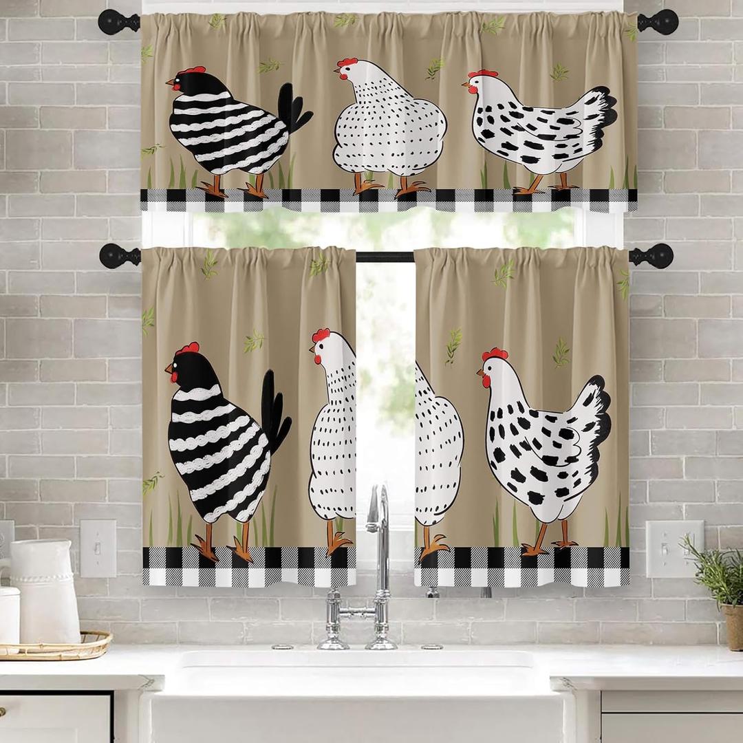 Rooster Kitchen Window Curtains Valance and Tier Set 36 Inch Farmhouse Black White Chicken Rod Pocket Short Tier Curtain, Vintage Rustic Small Drapes for Kitchen Decor