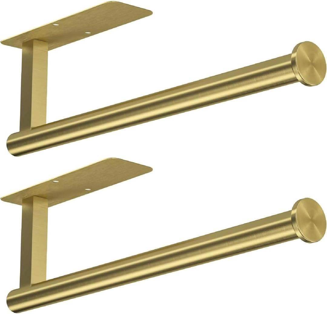 ASTOFLI Paper Towel Holder Under Cabinet No Drilling, Self Adhesive Paper Towel Holder Wall Mount for Kitchen Rack, Under Counter Napin Holder No Drill, RV, 304 Stainless Steel, Gold Brass 2 Pack
