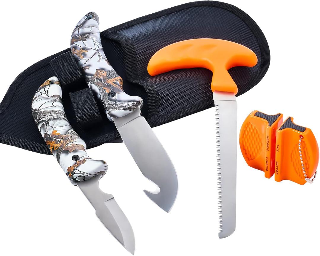 KNINE OUTDOORS 4-piece Hunting Knife and Saw Combo Set, Gut-hook Skinner, Fixed Blade Caping Knife, Nylon Belt Sheath