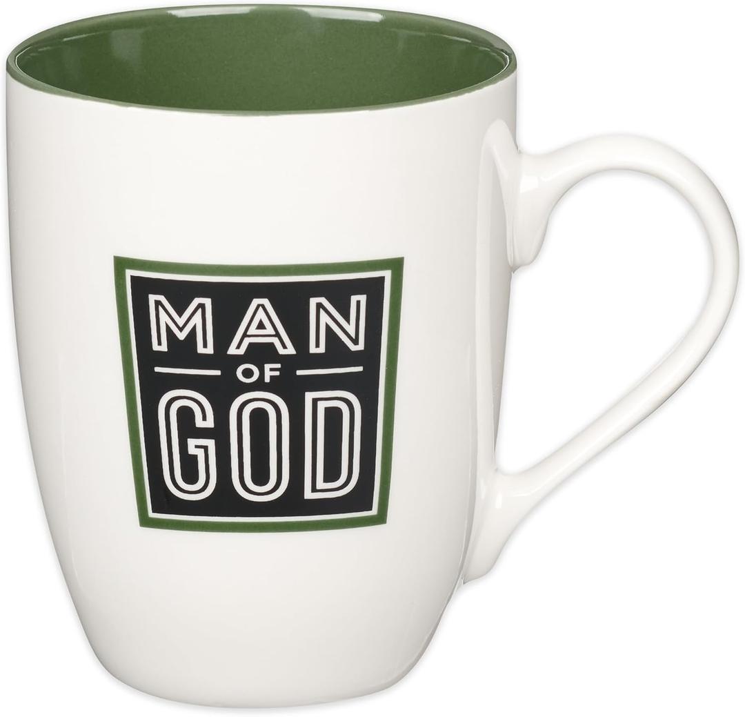 Christian Art Gifts Inspirational Ceramic Coffee & Tea Scripture Mug for Men: Man of God Encouraging Bible Verse, Durable Microwave & Dishwasher Safe Novelty Drinkware, White & Forest Green, 12 oz