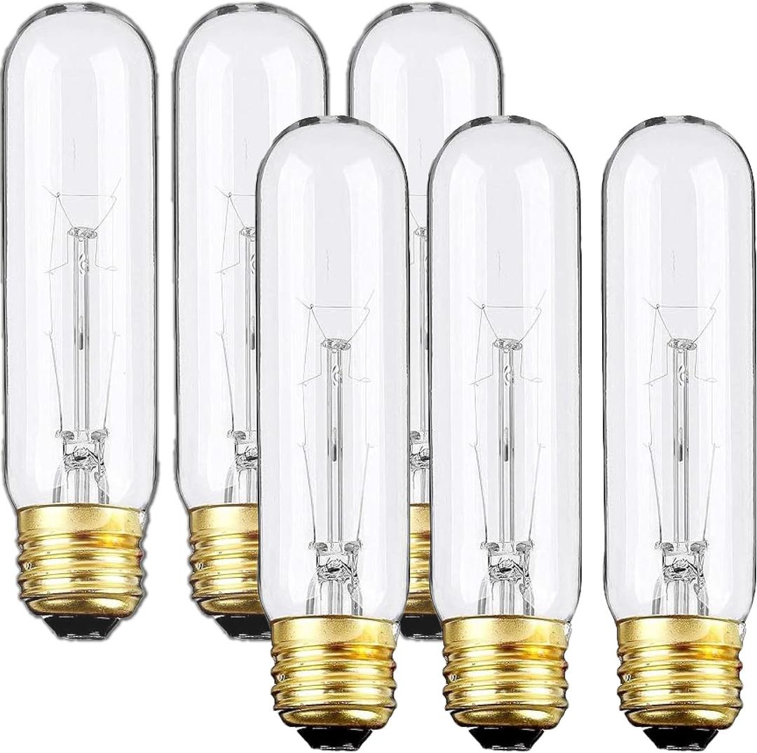 Edison Light Bulbs,120V, E26 Base, T10 Tubular Bulbs, 25W Clear Incandescent, Warm White, Dimmable Vintage Tubular Style Showcase Bulb (6-Pack)