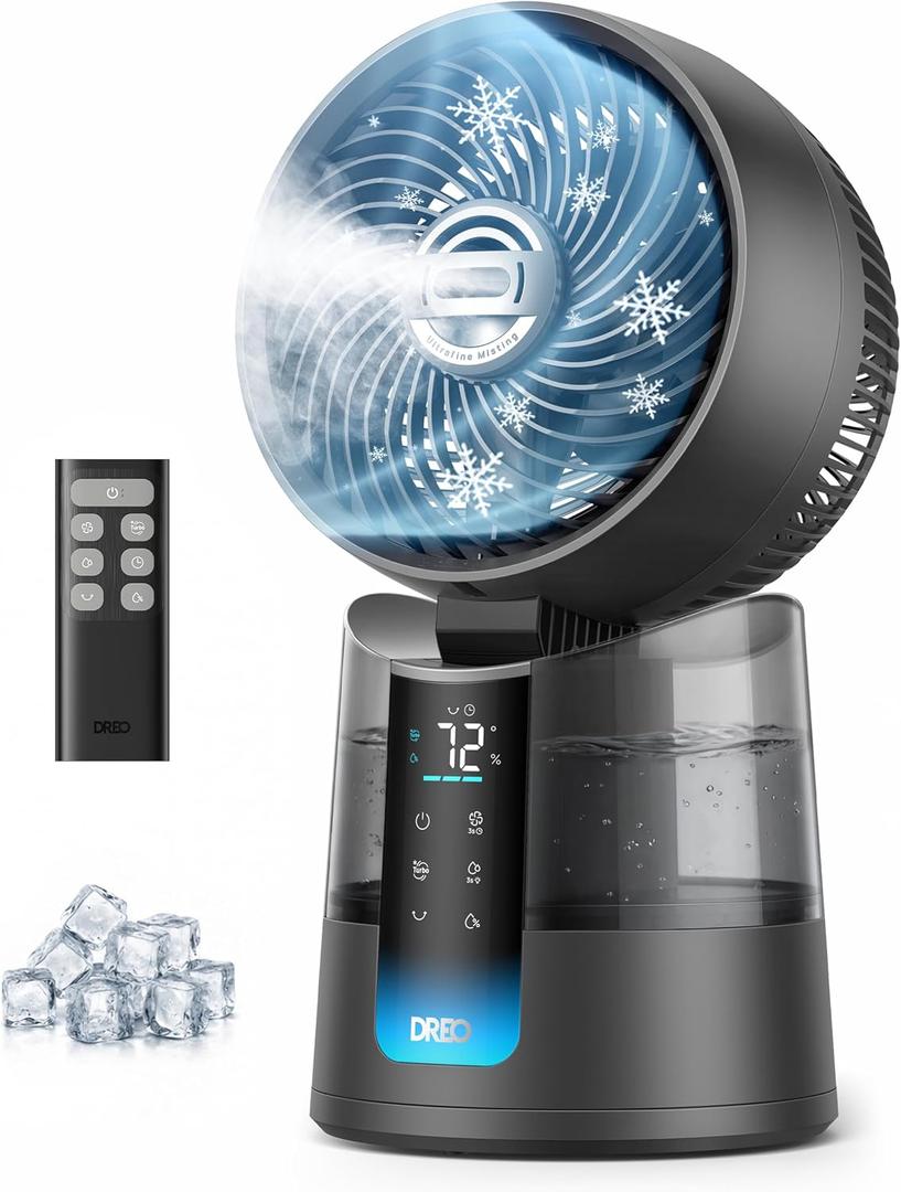 DREO TurboCool Misting Fan 516, 5℉ Drop Cooling Fans that Blow Cold Air, 150°+30° Omni-directional Oscillating, Evaporative air cooler, 26 ft/s Wind, Ultrafine Mist, 20dB Quiet, 6 Speeds 2 Modes, Grey, 15.7 Inches