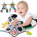 Tummy Time Pillow with Crinkle Mat & Teethers, Black and White High Contrast Baby Toys with Mirror, Montessori Sensory Crawling Toy for Infant Newborn Toddler Tummy Time Toys 0-6 Months Babies