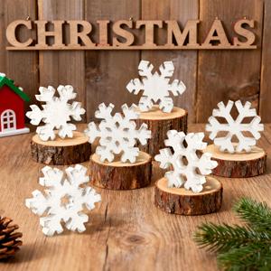 6Pcs Christmas Wooden Snowflake Decor Winter Snowflakes Table Signs Centerpieces Decorations Standing for Xmas Holiday Party Home Tabletop (Retro)