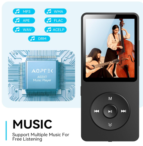 MP3 Player with Bluetooth 5.3, 1.8 inch Screen Portable Music Player with Speaker, FM Radio, Voice Recorder, Supports Expanded Up to 128GB(Black, 32GB)