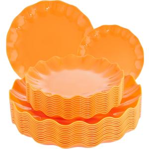 LIYH 24 Pcs Orange Scalloped Plates - Sturdy Plastic Orange Plates for Halloween & Thanksgiving Party Dishwasher Safe Reusable (12 Guests)