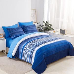 KAKIJUMN 7 Piece Bed in a Bag Stripe Comforter Set Full Size, White and Blue Patchwork Striped Comforter and Sheet Set, All Season Soft Microfiber Complete Bedding Sets(Blue,Full)