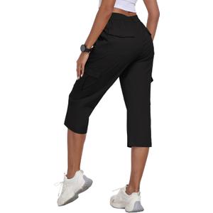 MoFiz Women's Cargo Capris Pants Summer Casual Lightweight Cotton Hiking Travel Capri Pants with 6 Pockets Black S