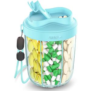 Large Pill Dispenser to Store 7 Various Supplements - Pill Organizer & Supplement Organizer for Travel, Anti-Mixing Design, with Strap & 20 Sticky Labels (Blue)