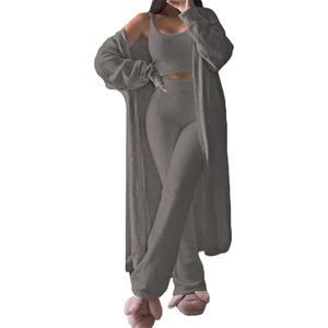 Women's Fuzzy 3 Piece Sweatsuit Open Front Cardigan Crop Tank Tops Wide Legs Pants Lounge Sets (Large, Dark Grey)