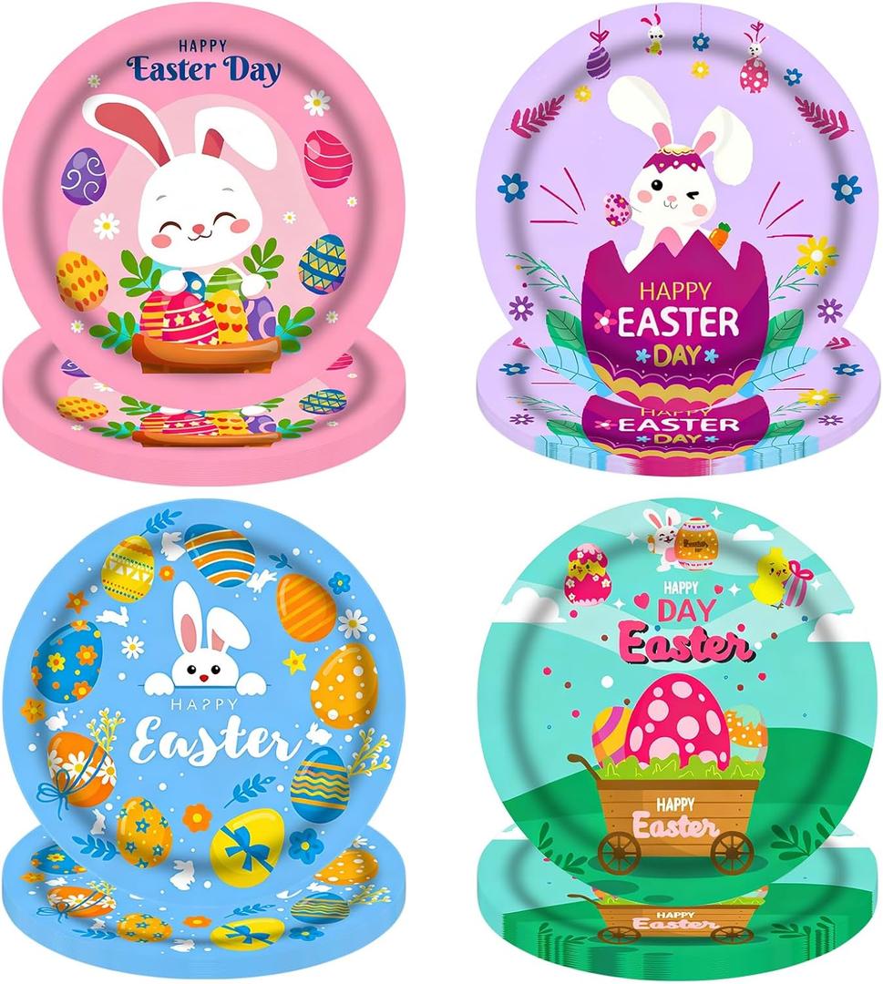 48PCS Easter Paper Plates-7Inch 4 Design Cute Bunny Dessert Plates Disposable Bunny Paper Dinnerware Cake Salad Fruit Plates Party Decor for Easter Spring Holiday Birthday Party Baby Shower