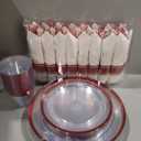 Goodluck 175 Piece Red Plastic Dinnerware Set for Party, Clear Disposable Plates for 25 Guests, Include: 25 Dinner Plastic Plates, 25 Dessert Plates, 25 Pre Rolled Napkins with Cutlery Set, 25 Cups