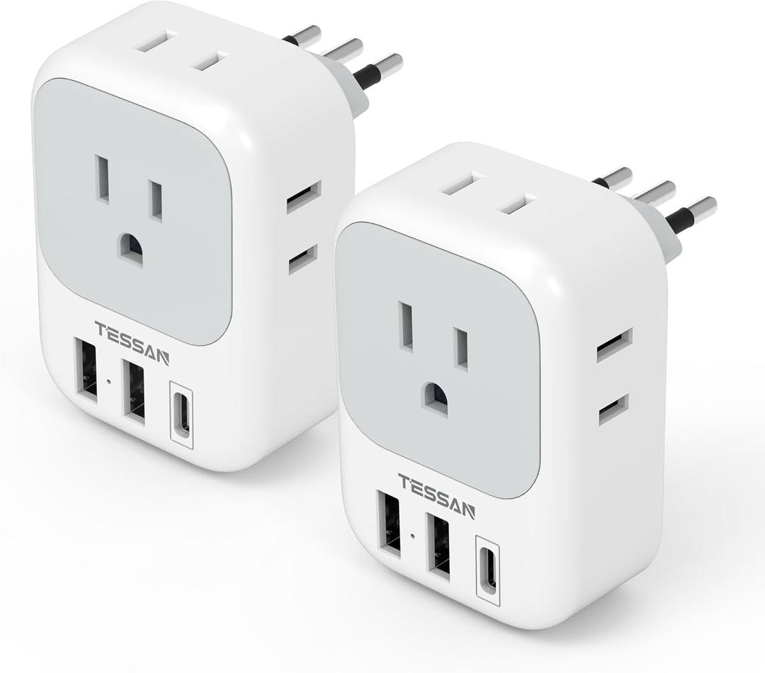 Italy Travel Plug Adapter 2 Pack, TESSAN Italy Power Adaptor with 4 Outlets 3 USB Charger (1 USB C Port), Type L Adapter for US to Chile Libya Syria Tunisia Uruguay