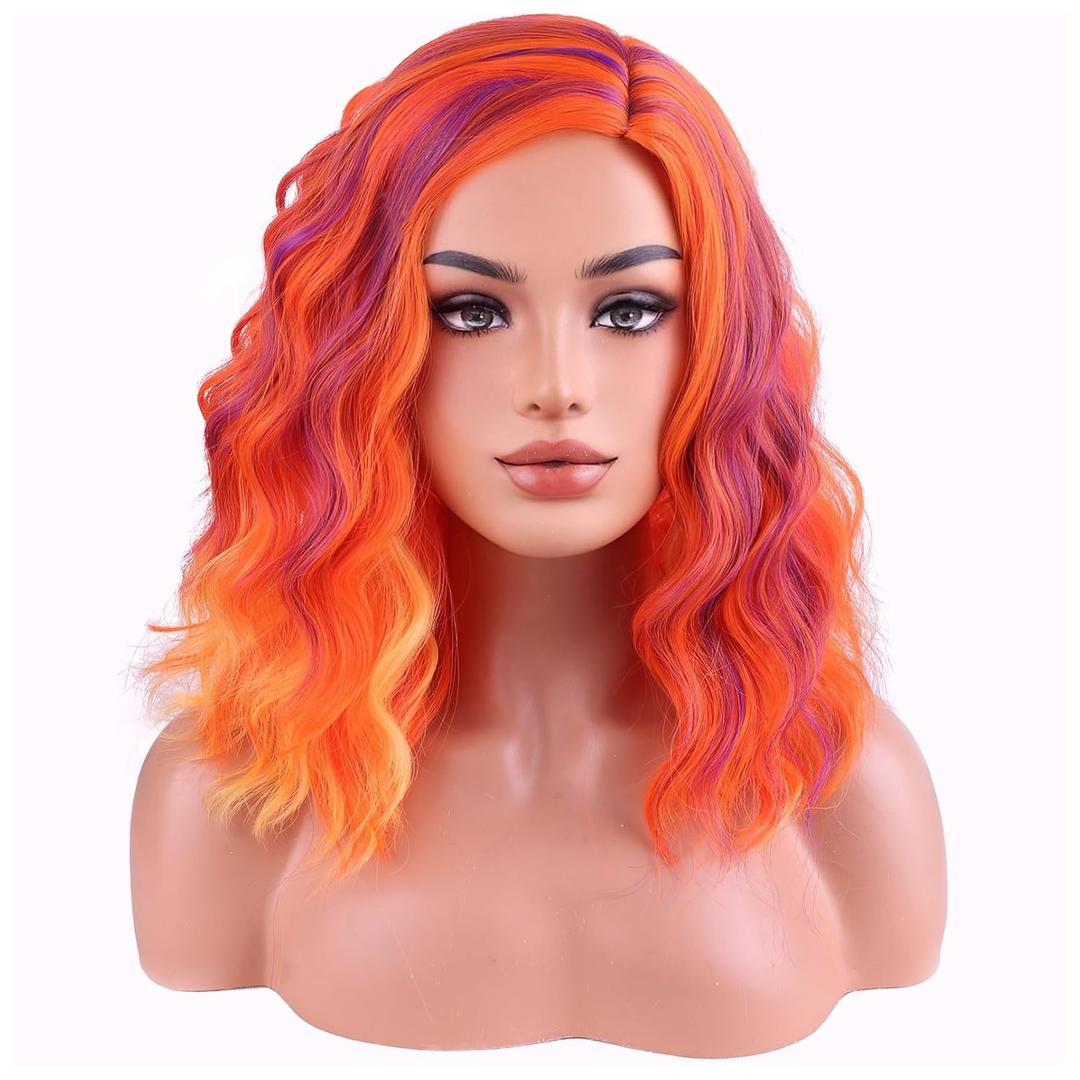 BERON Orange Pink and Purple Short Wave Wig for Women Girls Colored Body Heat Resistant Synthetic Wig for Cosplay Costume Party or Daily
