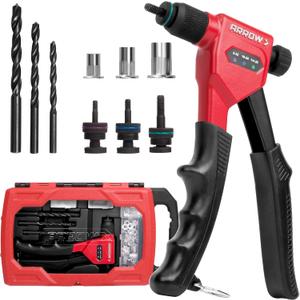 Arrow Rivet Nut Tool, 8" Rivet Nut Gun Kit Designed for Tight Space, Rivet Nut Setter with 3 Pcs Mandrels (8-32, 10-24, 1/4-20), 75 Pcs Rivnuts and 3 Pcs Drills, Sturdy Case Packed