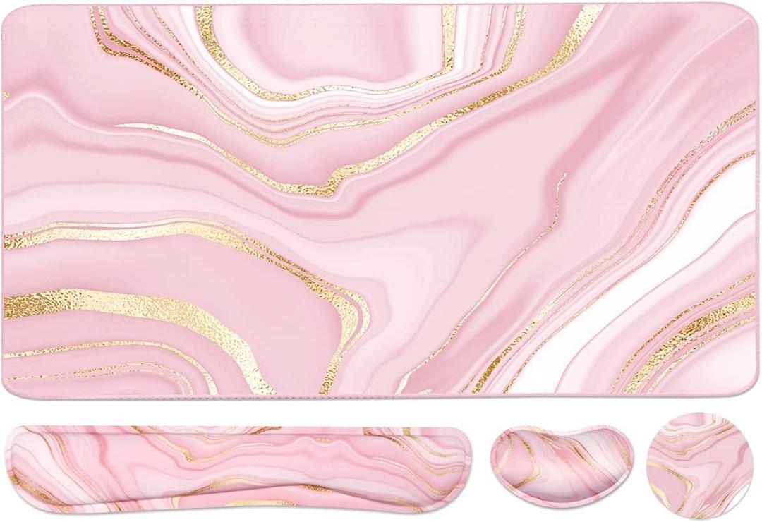 Keyboard Mouse Pad Set, Extended Mouse Pad+Keyboard Wrist Rest Support, Memory Foam Ergonomic Easy Typing, 3Pcs (35.415.7 in) Desk Pad Set for Home Office Study Game- Pink Gold