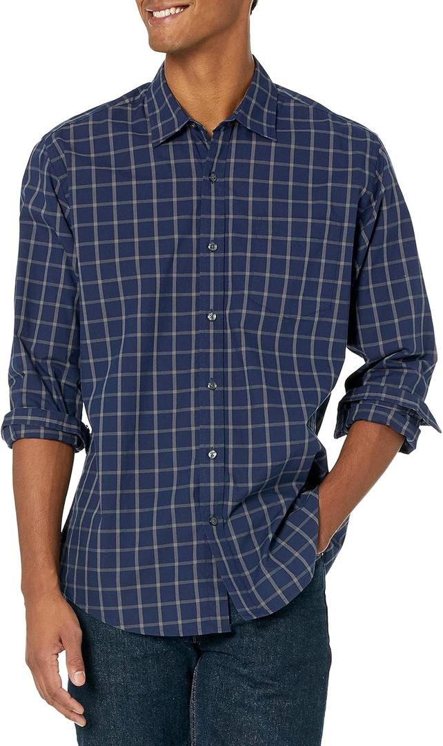 Amazon Essentials Mens Regular-Fit Long-Sleeve Casual Poplin Shirt (XX-Large, Navy Windowpane)