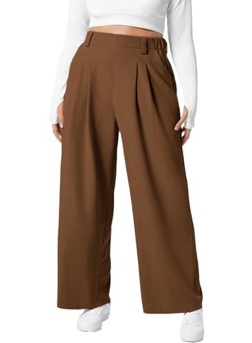 Eytino Womens Plus Size Dress Pants Elastic Waist Wide Leg Lounge Pants Waffle Knit Dress Pants for Office,2X Chestnut