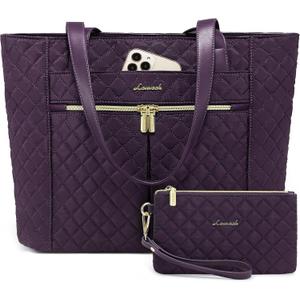LOVEVOOK Laptop Bag for Women, Stylish Diamond Quilted Work Tote with Clutch Purse, 15.6-inch Purple Tote
