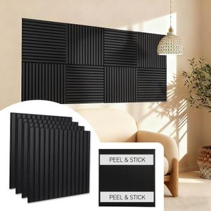 Peel & Stick Acoustic Wood Slat Wall Panels 23 23 3D Wood-Grain Soundproof Panels, 4 Pack Waterproof Decorative Noise-Reducing Wall Panels for Home Office & Studio (Ebony Black)