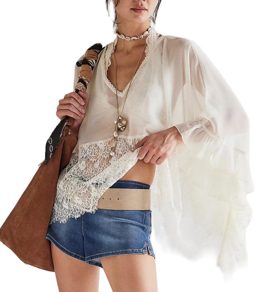Lordree Women Ruffle Flowy Blouse Flare Sleeve Sheer Mesh Shirt Chiffon Frill Trim Layered Long Sleeve Tops Streetwear (Large)
