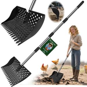 12-Inch 2-in-1 Chicken Poop Scooper & Rake  US Patent Pending  3-Shape Sifting Holes Chicken Coop RakeStainless Steel Handle 2061" Litter Scoop Sand & Sifting Shovel for Chicken Coops (Black)