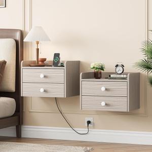 Vabches Floating Nightstand Set of 2 with 2 Storage Drawers and Charging Station Wood Wall Mounted Bedside End Table Modern Night Stands Set 2 for Bedroom,Small Space,Grey, 11.5 inches x 15.8 inches x 11.5 inches