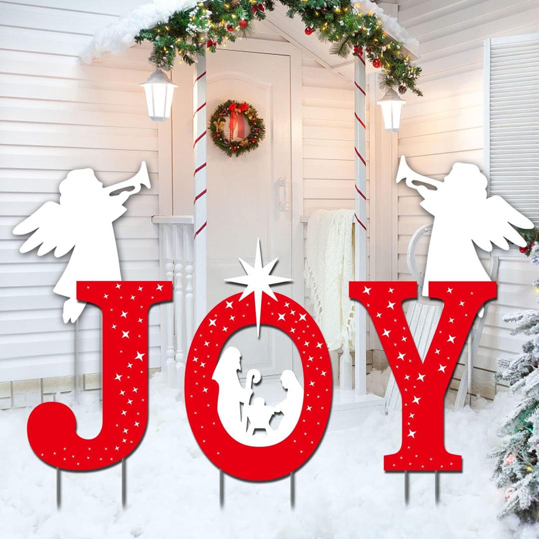 Outdoor Christmas Decorations -Joy Nativity Sets for Christmas Outdoor Xmas Nativity Lawn Religious Scenes Yard Decor with Stake for Home Lawn Pathway Walkway, Red, White