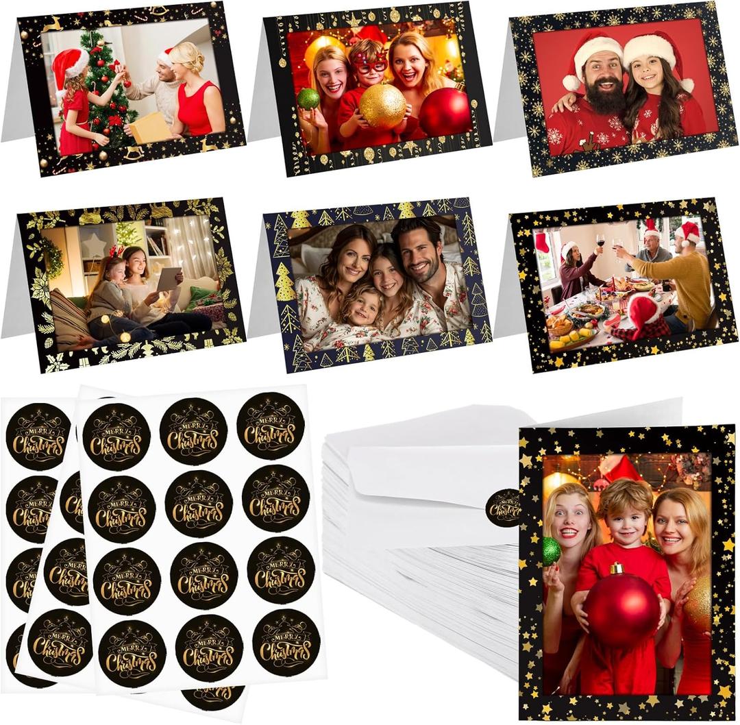 Zhanmai 570 Pcs Christmas Photo Frame Greetings Cards with Envelopes and Stickers, Christmas Cards with Photo Insert Bulk for 4'' x 6'' Picture Xmas Party Favors Supplies Decorations