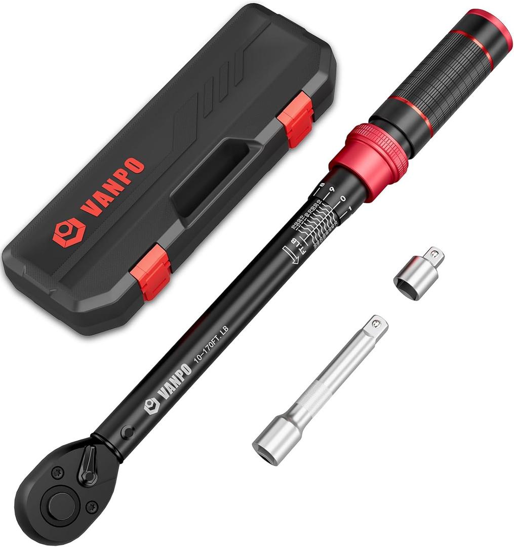VANPO 1/2-inch Drive Click Torque Wrench,10-170 Ft-Lb/13.6-230.5 Nm, Adjustable Torque Wrench Set with 1/2" to 3/8" Adapter, 125mm Extension Bar, 72-Tooth Torque Wrench for Moto, Car Maintenance VANPO 1/2-inch Drive Click Torque Wrench,10-170 Ft-Lb/13.6-230.5 Nm, Adjustable Torque Wrench Set with 1/2" to 3/8" Adapter, 125mm Extension Bar, 72-Tooth Torque Wrench for Moto, Car Maintenance
