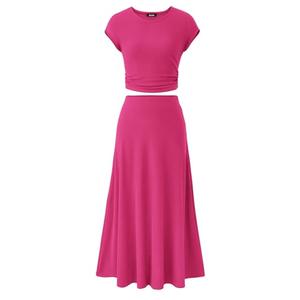 BTFBM Summer Outfits For Women 2026 Two Piece Sets Casual Crew Neck Short Sleeve Cropped Spring Tops Midi Skirt Lounge Set(Rose Red, X-Large)