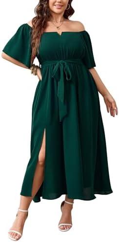 SCOMCHIC Womens Plus Size Formal Dresses Off The Shoulder Wedding Guest Cocktail A-Line Split Maxi Dress with Pockets. Size 1XL.