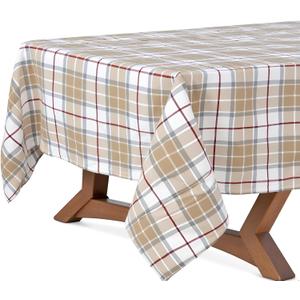 Lintex Summer Beige Plaid Cotton Tablecloth, 60 x 102 Inch Rectangle, Washable Indoor Outdoor Fabric Table Cover, Farmhouse Woven Table Linen for Kitchen Dining, Patio BBQ Picnic