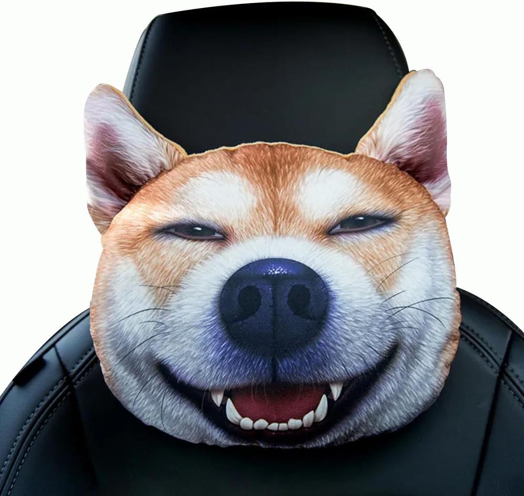 Originality Car Seat Headrest Neck Pillow, Cartoon Shiba Inu Headrest Neck Funny Vivid 3D Plush Husky Dog Car Neck Pillow Cute Puppies Car Headrest Pillow (Husky), Onesize, Yellow