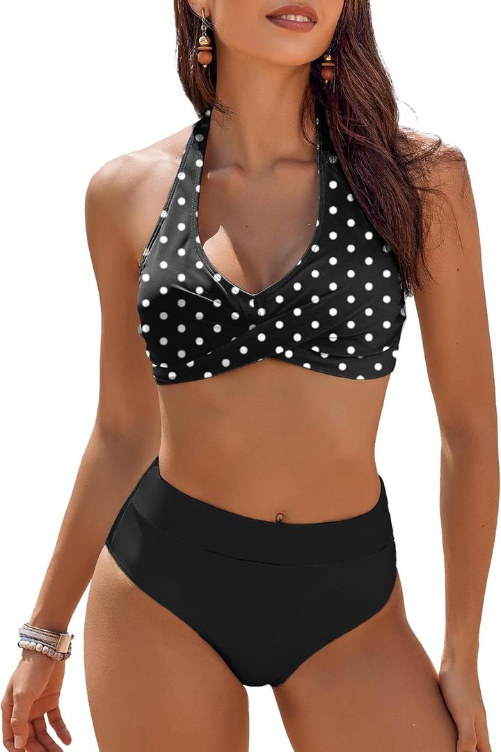 AI'MAGE Women's High Waisted Bikini Sets Tummy Control Swimsuits 2026 Two Piece Bathing Suits Color Block Halter Swim Suits (Black With White Dots)