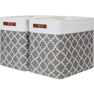 Storage Baskets Large 17"x12"x15" Foldable Rectangular Storage Bins Baskets for Organizing [2 Pack] Fabric Nursery Storage Baskets for Home,Office,Closet,Clothes,Toys (White&Lattice Grey)