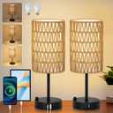 Touch Table Lamp Set of 2 For Bedroom with Bulb, Boho Small Desk Lamp For Living Room With Rattan & Linen Shade, 3 Way Dimmable Bedside Table Lamp For Nightstand With USB Charging Port & Phone Stand