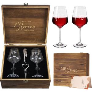 AW BRIDAL Mr and Mrs Wine Glasses Wedding Gifts for Couples 2026, Engagement Gift for Newly Engaged Couple, Bridal Shower and Bachelorette Gifts for Bride, Wine Opener Stopper and Wooden Keepsake Box