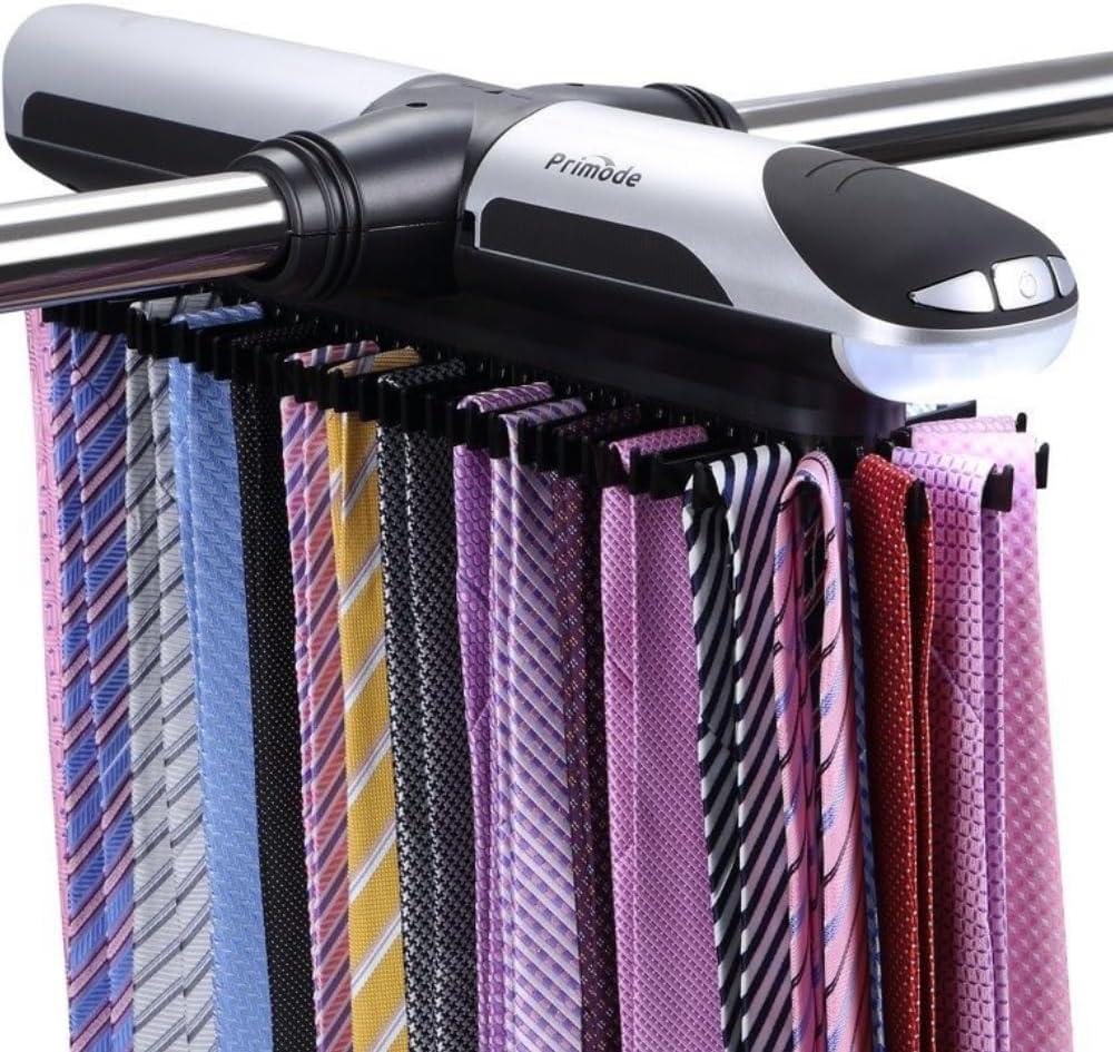 Primode Motorized Tie Rack Closet Organizer with LED Lights Includes J Hooks for Wired Shelving Stores Up to 72 Ties & 8 Belts Operates with Batteries