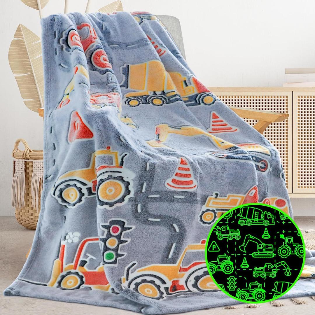 Glow in The Dark Blanket Boys Gifts for Kids Fuzzy Cozy Warm Soft Fleece Glowing Tractor Blankets for Bed Sofa Couch Unique Gifts Construction Truck Throw Blanket for Boys Teens 50"60"