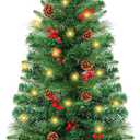 3 Ft Green Christmas Tree with Lights, Timer 8 Modes DIY 50 Warm White Lights Battery Operated Small Artifical Full Xmas Tree Pine Needles Cones Red Berry for Tabletop Home Indoor Holiday Party Decor
