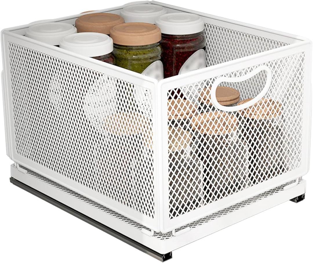 Sliding Cabinet Basket Organizer Drawer Self Adhesive Slide out Pantry Shelves Heavy Duty Carbon Steel Slide Cabinet Storage Basket with Handle for Bathroom Kitchen Home (Large)