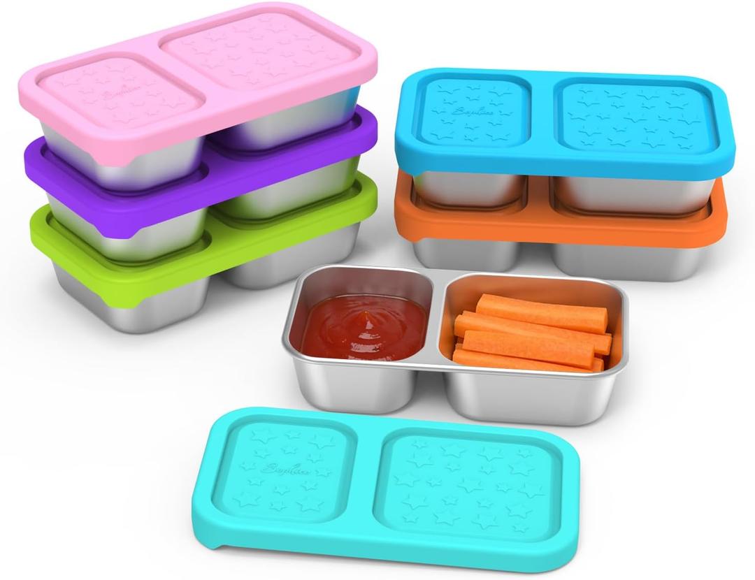 SOPHICO Stainless Steel 2 compartments Containers, Reusable Snack Containers with Silicone Lids Lunch Box for Meal Prep Food Storage On-the-Go Snacking(6 pack)