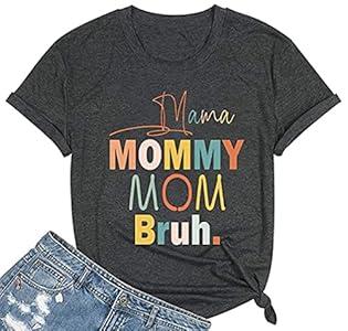 Women Mama Mommy Mom Bruh T-Shirt Mom Life Short Sleeve Funny Letter Print Colorful Mama Graphic Casual Tees (M, Dark Gray)