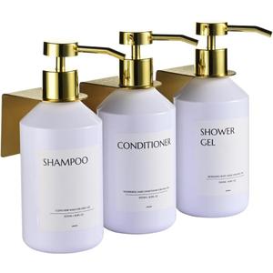 Shampoo and Conditioner Dispenser Set of 3 for Wall Mount,16.9 fl oz Drill Free Shower Soap Bottles with Labels,Refillable Body Wash Dispensers for Bathroom Decor (White Bottles + Gold Pumps)