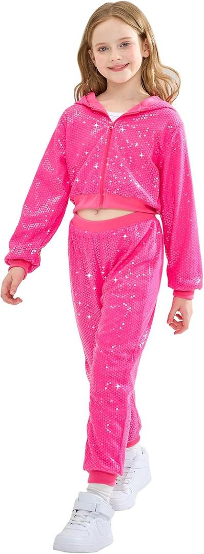 LOLANTA Little Kids Girls' Dance Costumes Sparkly Sequin Jacket & Pants Dance Set Zipper up Coat Outerwear (Rosered, 5-6 Years)