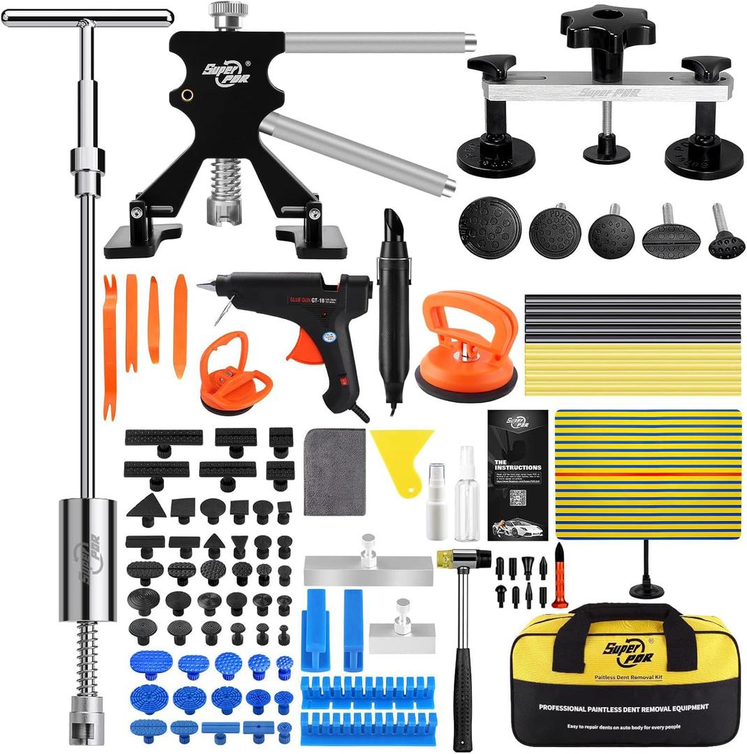 Super PDR 93PCS Paintless Dent Repair Kit, Car Dent Removal Tools, PDR Tools, Dent Puller Kit with Dent Lifter, Bridge Puller, Slide Hammer T-Bar for Car Body Dents, Kit Includes Glue Removal Tool